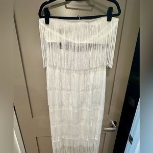Showpo Two Piece Set - Fringe Strapless Crop Top and Midi Skirt in White